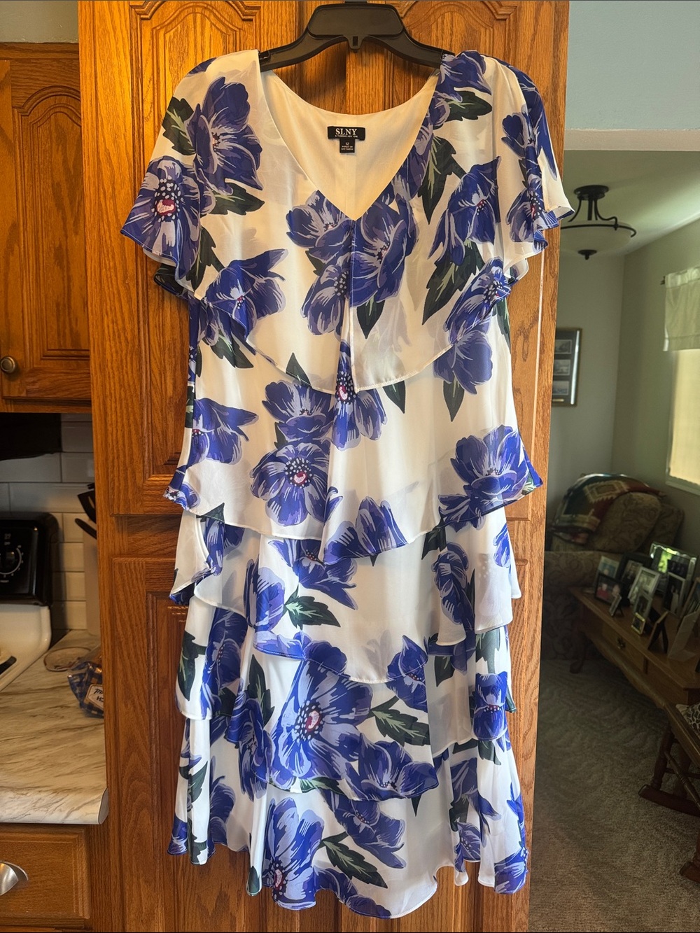 SLNY White Midi Dress with Blue Floral Ruffle Tiers
